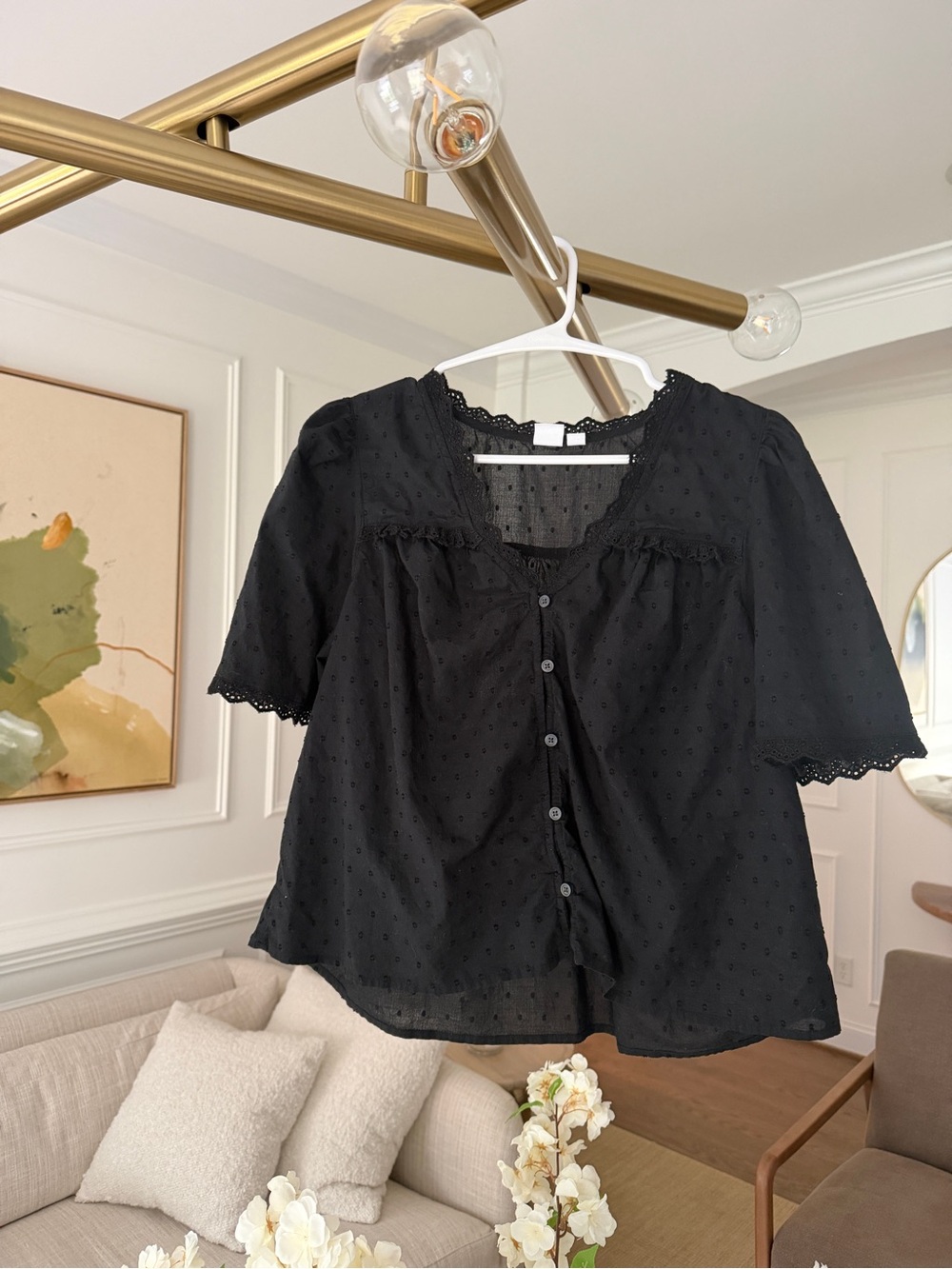 GAP Black Swiss Dot Button-Front Peasant Blouse